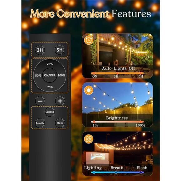 100ft Solar Outdoor String Lights with Remote - USB Rechargeable Solar Powered - Picture 4 of 7